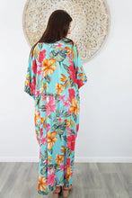 Load image into Gallery viewer, Sundrenched Long Kaftan Premium Dress Tropical Delights With Turquoise Background . One Size Fits All.