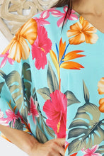 Load image into Gallery viewer, Sundrenched Long Kaftan Premium Dress Tropical Delights With Turquoise Background . One Size Fits All.