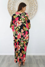 Load image into Gallery viewer, Sundrenched Long Kaftan Premium Dress Tropical Delights On Black Background . One Size Fits All.