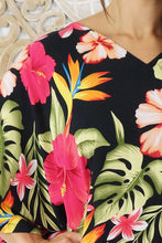 Load image into Gallery viewer, Sundrenched Long Kaftan Premium Dress Tropical Delights On Black Background . One Size Fits All.
