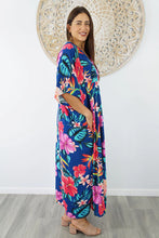 Load image into Gallery viewer, Sundrenched Long Kaftan Premium Dress Tropical Delights With Navy Background . One Size Fits All.