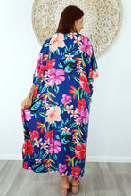 Load image into Gallery viewer, Sundrenched Long Kaftan Premium Dress Tropical Delights With Navy Background . One Size Fits All.