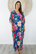 Load image into Gallery viewer, Sundrenched Long Kaftan Premium Dress Tropical Delights With Navy Background . One Size Fits All.