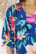 Load image into Gallery viewer, Sundrenched Long Kaftan Premium Dress Tropical Delights With Navy Background . One Size Fits All.