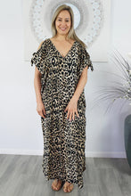 Load image into Gallery viewer, Relaxed Fit Long Leopard Black Print Mykonos Kaftan Dress. One Size Fits Sizes 10-18