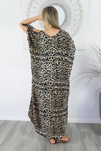 Load image into Gallery viewer, Relaxed Fit Long Leopard Black Print Mykonos Kaftan Dress.  One Size Fits Sizes 10-18
