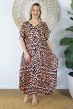 Load image into Gallery viewer, Relaxed Fit Long Leopard Gold Print Mykonos Kaftan Dress.  One Size Fits Sizes 10-18.
