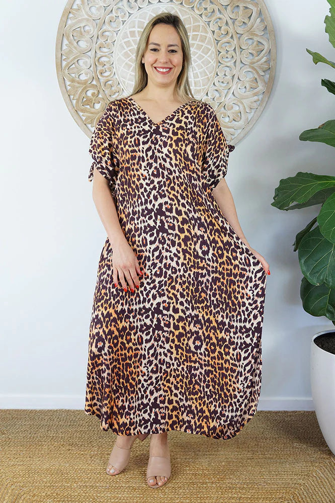 Relaxed Fit Long Leopard Gold Print Mykonos Kaftan Dress.  One Size Fits Sizes 10-18.
