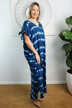 Load image into Gallery viewer, Relaxed Fit Mykonos Long Kaftan Dress Nirvana Navy Tie Dye. One Size Fits Size 10-18
