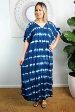 Load image into Gallery viewer, Relaxed Fit Mykonos Long Kaftan Dress Nirvana Navy Tie Dye. One Size Fits Size 10-18