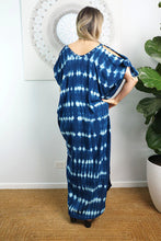 Load image into Gallery viewer, Relaxed Fit Mykonos Long Kaftan Dress Nirvana Navy Tie Dye. One Size Fits Size 10-18