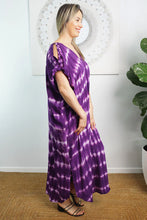 Load image into Gallery viewer, Relaxed Fit Mykonos Long Kaftan Dress Nirvana Purple Tie Dye. One Size Fits Size 10-18
