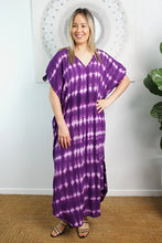 Load image into Gallery viewer, Relaxed Fit Mykonos Long Kaftan Dress Nirvana Purple Tie Dye. One Size Fits Size 10-18