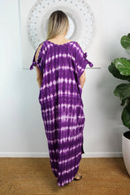 Load image into Gallery viewer, Relaxed Fit Mykonos Long Kaftan Dress Nirvana Purple Tie Dye. One Size Fits Size 10-18