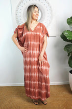 Load image into Gallery viewer, Relaxed Fit Mykonos Long Kaftan Dress Nirvana Sienna Tie Dye. One Size Fits Size 10-18