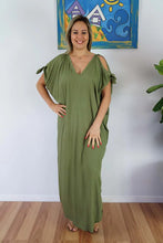 Load image into Gallery viewer, Relaxed Fit Mykonos Kaftan Dress In Plain Sage Olive Green. One Size Fits 10-18