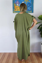 Load image into Gallery viewer, Relaxed Fit Mykonos Kaftan Dress In Plain Sage Olive Green. One Size Fits 10-18