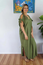 Load image into Gallery viewer, Relaxed Fit Mykonos Kaftan Dress In Plain Sage Olive Green. One Size Fits 10-18