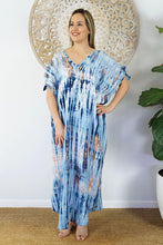 Load image into Gallery viewer, Relaxed Fit Long Tie Dye Navy Mykonos Kaftan Dress.  One Size Fits Sizes 10-18.
