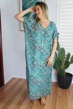 Load image into Gallery viewer, Relaxed Fit Mykonos Long Kaftan Dress Tijuana Multicoloured Mint. One Size Fits Size 10-18