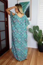 Load image into Gallery viewer, Relaxed Fit Mykonos Long Kaftan Dress Tijuana Multicoloured Mint. One Size Fits Size 10-18