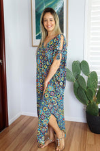 Load image into Gallery viewer, Relaxed Fit Mykonos Long Kaftan Dress Tijuana Multicoloured Navy. One Size Fits Size 10-18