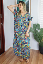 Load image into Gallery viewer, Relaxed Fit Mykonos Long Kaftan Dress Tijuana Multicoloured Navy. One Size Fits Size 10-18