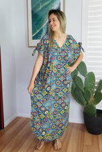 Load image into Gallery viewer, Relaxed Fit Mykonos Long Kaftan Dress Tijuana Multicoloured Navy. One Size Fits Size 10-18