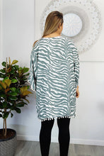 Load image into Gallery viewer, Kaftan Top Grey Zebra With Pom Poms. One size fits all.