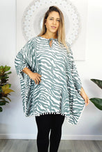 Load image into Gallery viewer, Kaftan Top Grey Zebra With Pom Poms. One size fits all.