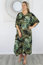 Load image into Gallery viewer, Sundrenched 'Sabai' Green & Black Long Kaftan Dress. One Size Fits All.