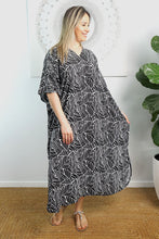 Load image into Gallery viewer, Sundrenched Jungle Black & White Long Kaftan Dress. One Size Fits All.