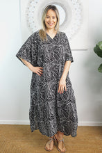 Load image into Gallery viewer, Sundrenched Jungle Black & White Long Kaftan Dress. One Size Fits All.