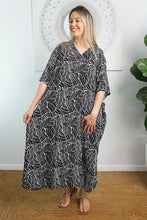Load image into Gallery viewer, Sundrenched Jungle Black & White Long Kaftan Dress. One Size Fits All.