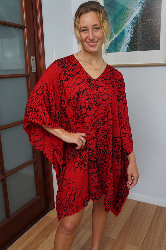 Festive Red Animal Kaftan Top.  One Size Fits All.