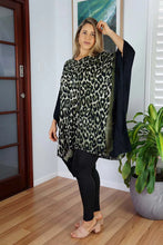 Load image into Gallery viewer, Vibrant Black & Dark Green Leopard Print Kaftan Top. One Size Fits All.