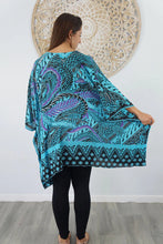 Load image into Gallery viewer, Sundrenched Retro Batik Turquoise Kaftan Top.  One Size Fits All.