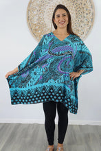 Load image into Gallery viewer, Sundrenched Retro Batik Turquoise Kaftan Top.  One Size Fits All.