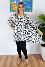 Load image into Gallery viewer, Kaftan Top Black & White Tribal Print. One Size Fits All.