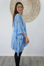Load image into Gallery viewer, Kaftan Top In Half Moon Sky Blue & White. One Size Fits All.