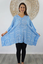 Load image into Gallery viewer, Kaftan Top In Half Moon Sky Blue & White. One Size Fits All.