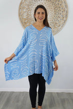 Load image into Gallery viewer, Kaftan Top In Half Moon Sky Blue & White. One Size Fits All.