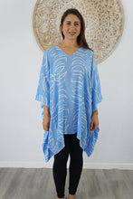 Load image into Gallery viewer, Kaftan Top In Half Moon Sky Blue & White. One Size Fits All.