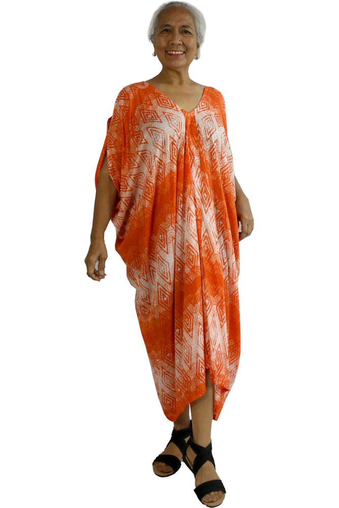 Vibrant Coral Summer Toga Long Kaftan Dress.  Free Size To Fit Sizes 8-18.