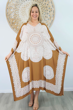Load image into Gallery viewer, Sundrenched Crown Mandala Tan & White Long Kaftan Dress With Bling - One Size Fits All.