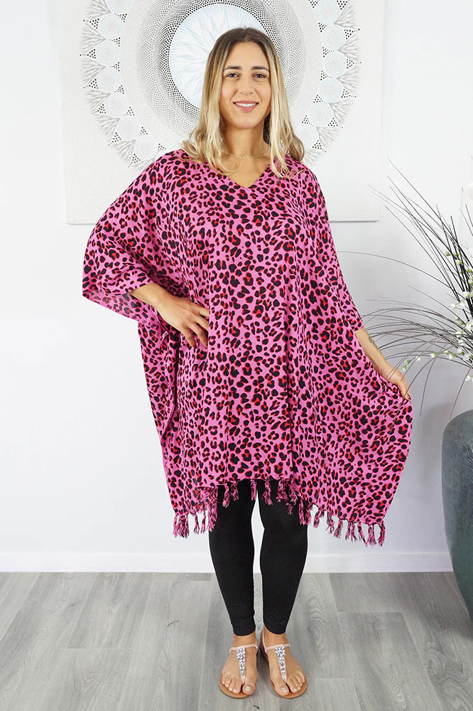 Vibrant Safari Print Pink Kaftan Top.  One Size Fits All.