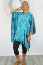 Load image into Gallery viewer, Vibrant Aqua Tie Dye Crackle Print Kaftan Top. One Size Fits All.