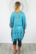 Load image into Gallery viewer, Vibrant Aqua Tie Dye Crackle Print Kaftan Top. One Size Fits All.