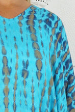 Load image into Gallery viewer, Vibrant Aqua Tie Dye Crackle Print Kaftan Top. One Size Fits All.