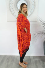 Load image into Gallery viewer, Vibrant Orange Rarotonga Floral Print Kaftan Top. One size fits all.